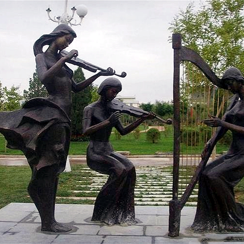 Music Theme Casting Art Bronze Man Girl Playing Violin Sculpture