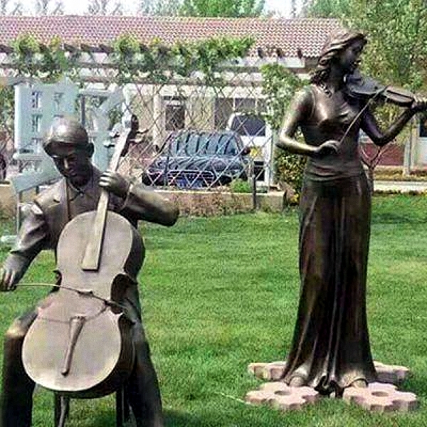 Music Theme Casting Art Bronze Man Girl Playing Violin Sculpture