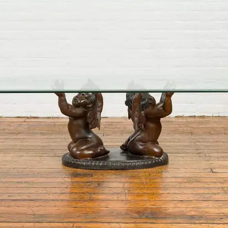 Contemporary Indoor Home Decor Cast Double Cherub Nude Female Woman Bronze Sculpture Coffee Table