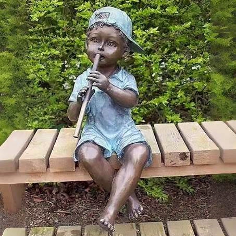 Outdoor Decoration Life Size Casting Bronze Boy Girl Playing Flute Sculpture