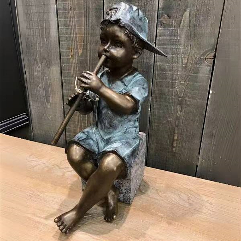 Outdoor Decoration Life Size Casting Bronze Boy Girl Playing Flute Sculpture