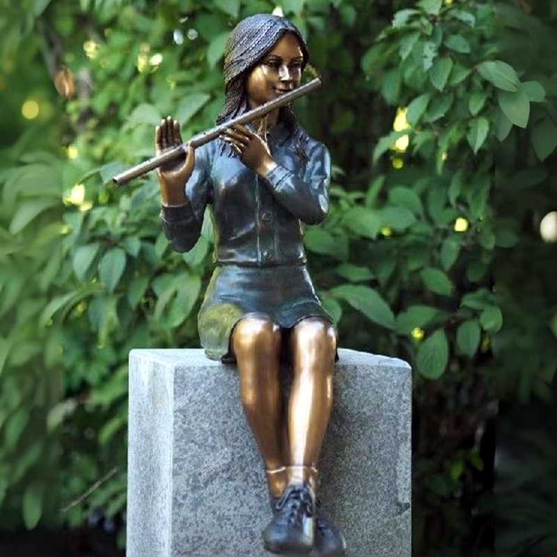 Outdoor Decoration Life Size Casting Bronze Boy Girl Playing Flute Sculpture